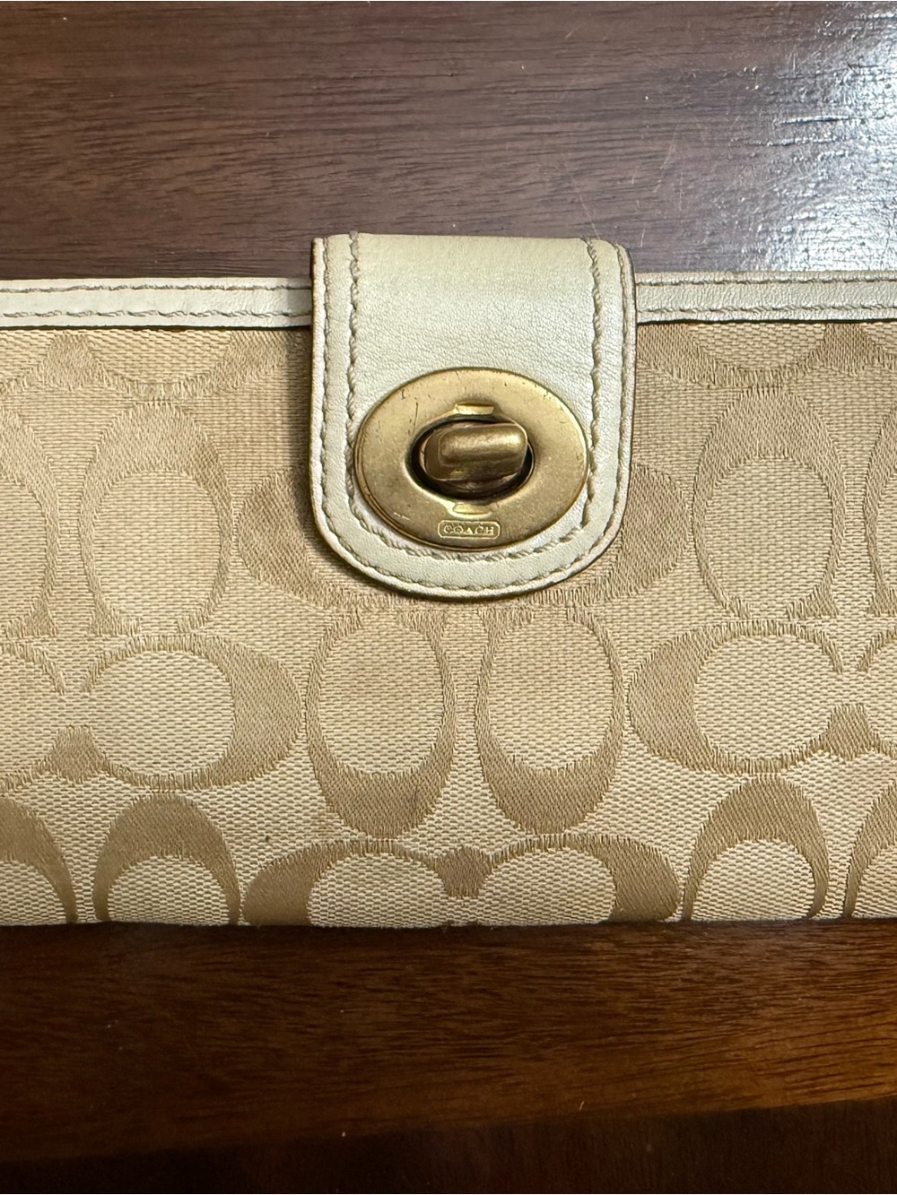 Coach Signature Canvas Wallet in Beige with Gold Turnlock